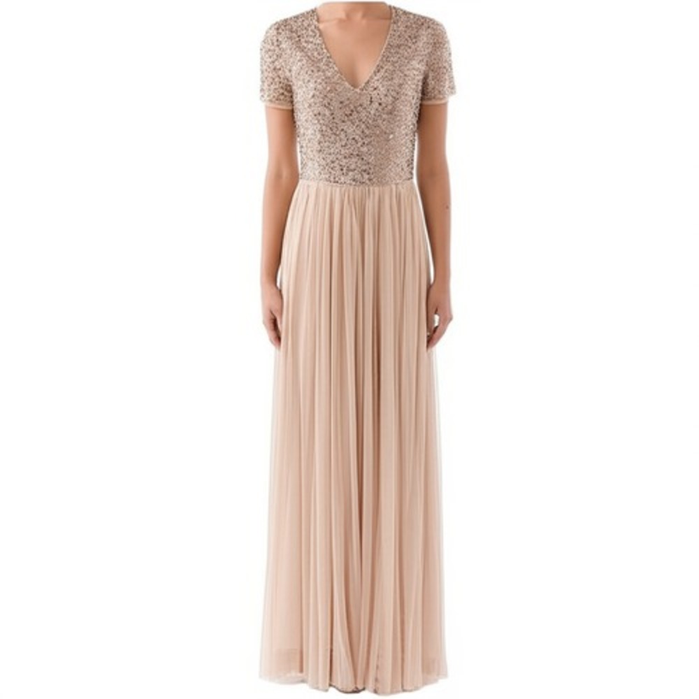 Maya Deluxe Evening Gown‎ US 2 Rose Gold Sequin V-Neck Floor Length Elegant Glam